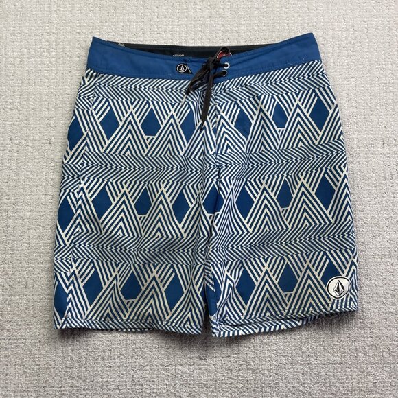 Y2K Volcom Board Shorts Men Psychedelic Blue Stripe Cinch Fly Pure Function *34* - Picture 1 of 16